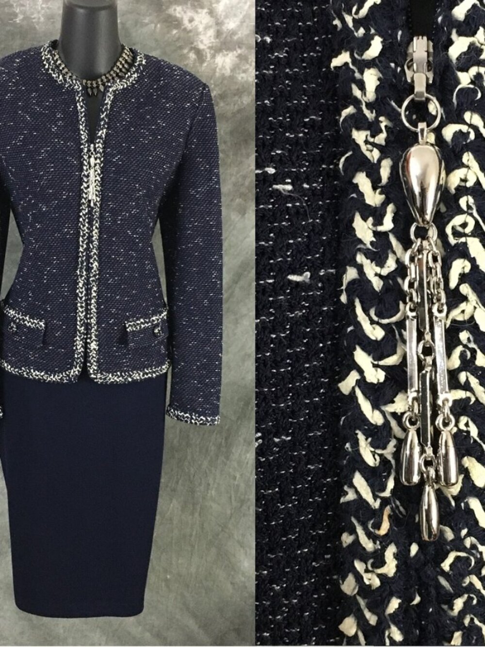 BEAUTIFUL St John collection knit blue white multi jacket skirt suit size 8